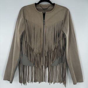 Elie Tahari Paulina Women Sz M‎ Fringe Jacket Tan Taupe Goat Leather Zip Up